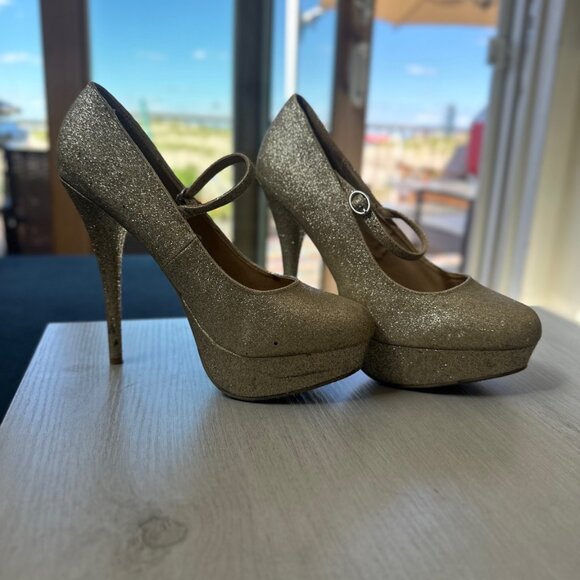 Gold Glitter Mary Jane Platform Heels – Size 8 - Picture 7 of 10